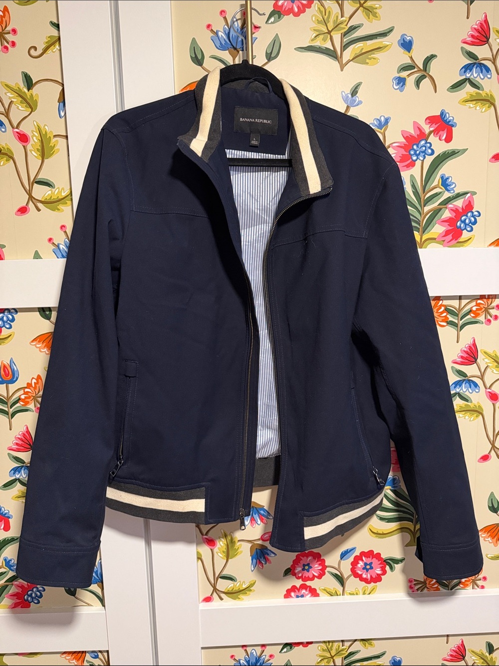 Banana Republic Navy Bomber Jacket with Cream Striped Trim